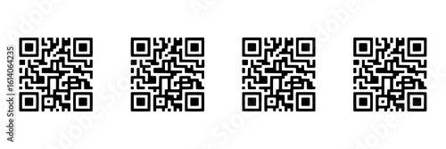 Four black and white QR codes lined up horizontally on a plain white background, spaced evenly apart