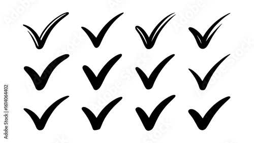 A collection of twelve hand-drawn black checkmark icons presented on a clean white background, each with slightly varied brush strokes.
