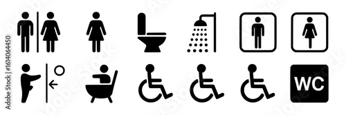 A collection of black silhouette icons on a white background representing various restroom, shower, and accessibility symbols