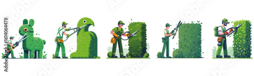 Gardeners sculpt topiary animals and shapes with hedge trimmers, creating whimsical art.