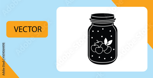 A black silhouette vector icon of a canning jar filled with cherry jam, perfect for homemade preserves and pantry labels.