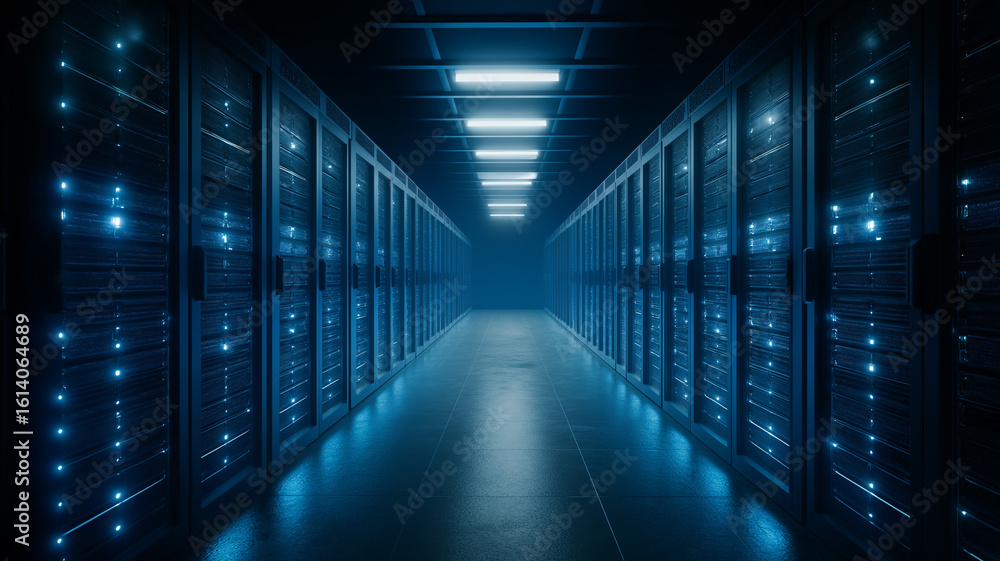Fototapeta premium Data center blue cooling lights in rows of blinking servers, cyber systems theme