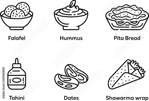 Collection of middle eastern food icons falafel hummus pita shawarma tahini dates