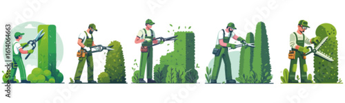 Illustration of a gardener trimming hedges with various tools and techniques.