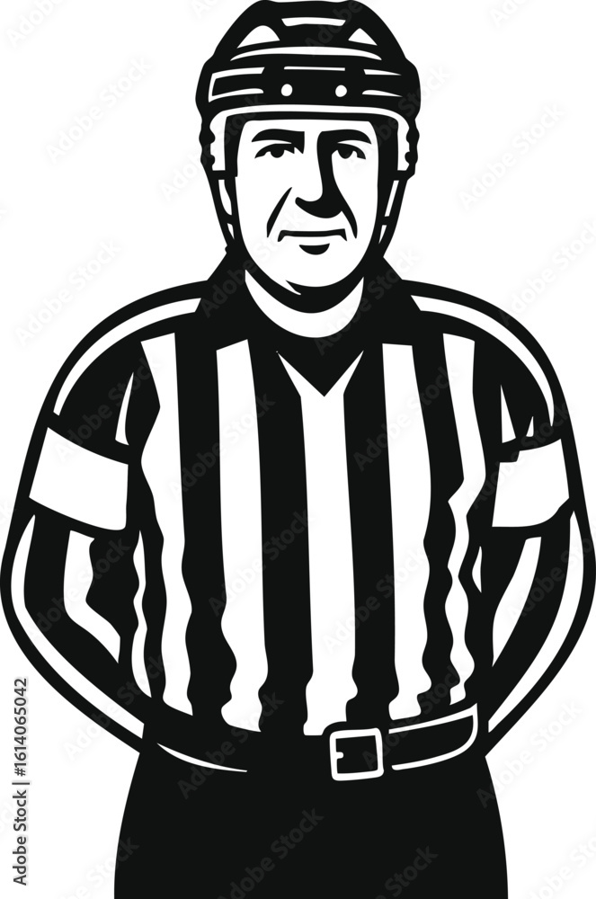 Obraz premium A black and white vector illustration of a hockey referee in uniform with arms behind his back.