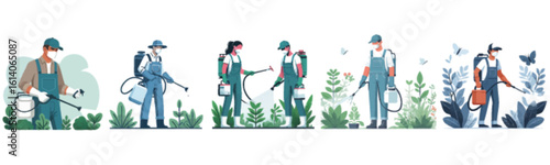 People spraying plants with pesticide using sprayers and protective gear in various garden settings.