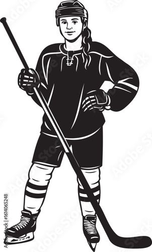 Black and white illustration of a female hockey player holding a hockey stick.