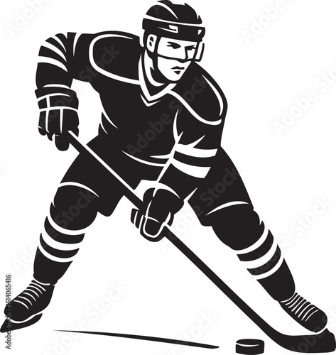 Silhouette of a hockey player in action, poised to control the puck.