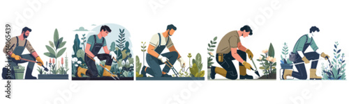 Four gardeners tending plants in a garden setting.