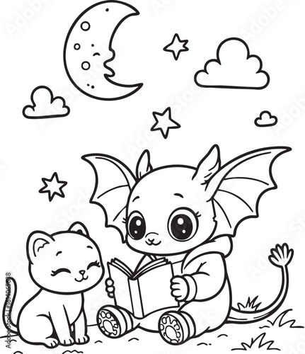 Bat-Eared Character with Sleeping Cat on Open Book – Whimsical Nighttime Coloring Page Featuring Crescent Moon, Stars, and Cozy Animal Companionship