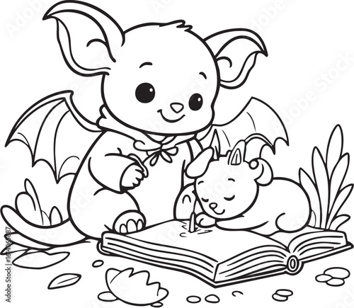 Bat-Eared Friend Drawing Beside Goat-Like Companion Outdoors – Whimsical Kids’ Coloring Page with Pencil Sketch Scene and Nature Elements
