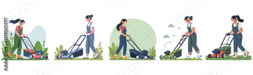Women mowing lawns, showcasing various lawnmower types and gardening activities.