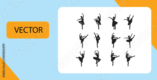 Set of twelve elegant ballerina silhouettes in various classical dance poses. A vector collection of graceful female ballet dancer figures.