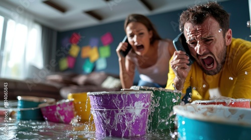 Stressed couple frantically calls for help amidst a flooded home, surrounded by overflowing buckets.