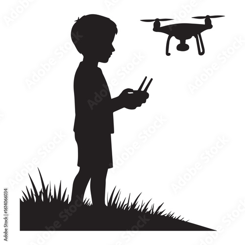 Silhouette of Boy Flying Drone with Remote Control Vector

