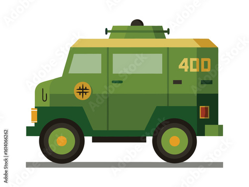 Simplified Vector Illustration of a 1940s Armored Bank Vehicle with Vintage Style, Minimalist Design, and Classic Military Transport Aesthetic