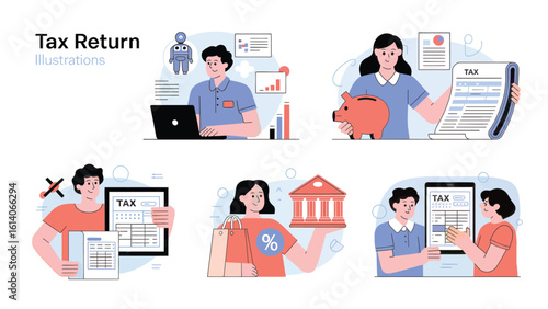 Tax Return Illustrations: A collection of illustrations representing the process of filing a tax return, from completing forms to interacting with financial institutions.