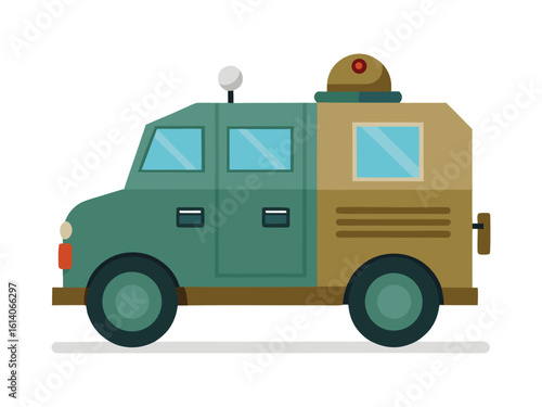 Simplified Vector Illustration of a 1940s Armored Bank Vehicle with Vintage Style, Minimalist Design, and Classic Military Transport Aesthetic