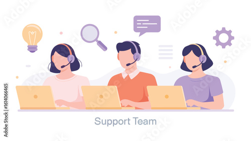 Support Team Collaboration: An illustration showcases a dedicated support team collaboratively working together. Utilizing modern laptops and headsets