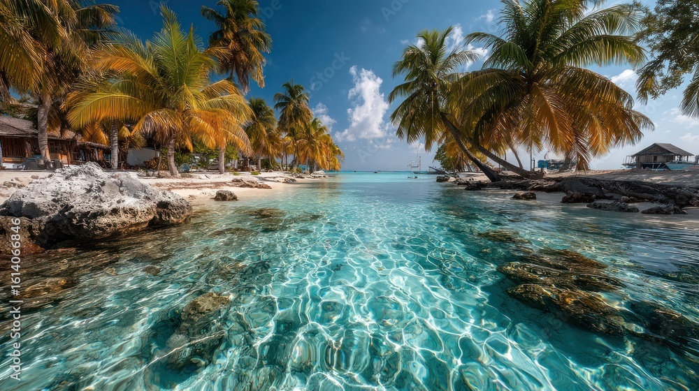 Fototapeta premium Pristine tropical beach with crystal-clear water and palm trees