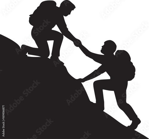 "Two Hikers Helping on Mountain Silhouette – Teamwork and Adventure Vector Illustration"

