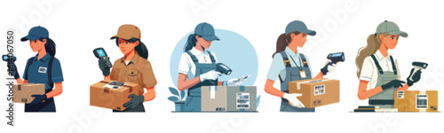 Female delivery workers efficiently scanning and processing packages for shipment.