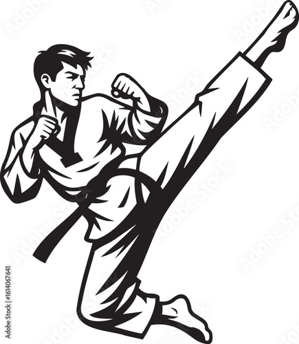 A stylized illustration of a martial artist executing a high kick, focused and determined.