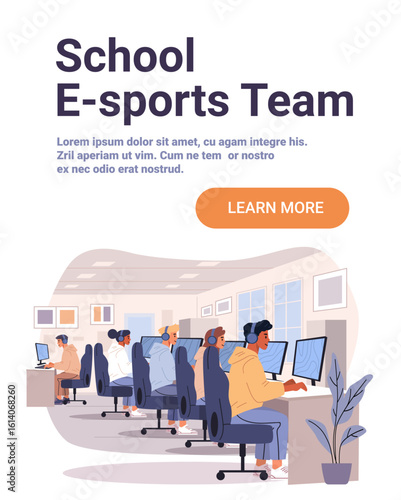 School esports team gaming students computers classroom teamwork diverse teenagers monitors headsets modern interior plant flat design web banner