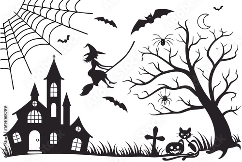 Halloween scene witch flying haunted house bats spiders moon cat pumpkin broom