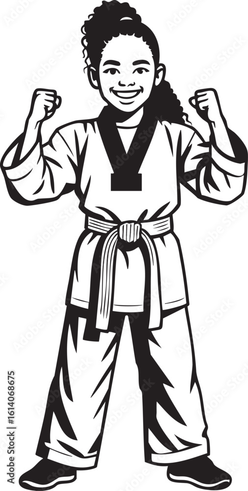 Fototapeta premium Confident young girl in taekwondo uniform, fists raised in victory.