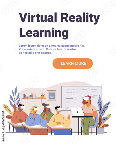 Virtual reality classroom students teacher technology immersive education modern school interior plants whiteboard desks digital learning landing page