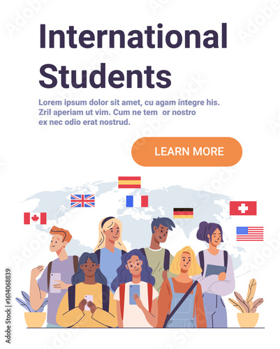 International students multicultural group world map diverse young people with backpacks and smartphones national flags decorative plants website banner