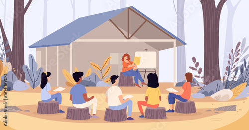 Outdoor classroom teacher students learning nature lesson group sitting on tree stumps forest background modern education concept website banner
