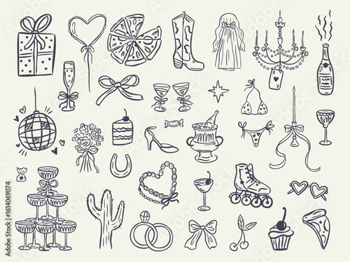 Whimsical hand-drawn bachelorette party icons. Doodle set with cowgirl boots, cocktails, sunglasses, and wedding elements. Retro, feminine, and playful design for bridal invites.