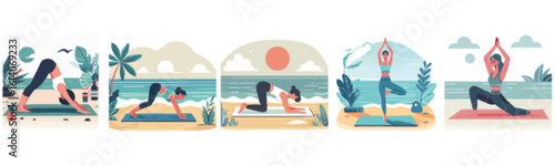 A series of illustrations showing women practicing yoga poses by the sea.