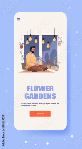 Man indoor gardening relaxing with potted plants modern home interior night window hanging lights mobile app screen template