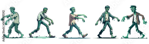 Five cartoon zombies walk forward with outstretched arms on a white background.