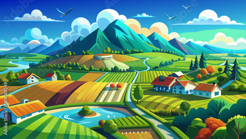 A bird's-eye perspective of farmland under a vibrant blue sky with clouds reveals patchwork fields in golden light. Semi-realistic vector style captures depth, color, and peaceful rural charm.