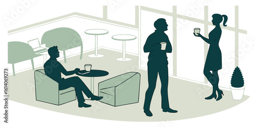 Silhouetted people in a cafe setting enjoying coffee or drinks vector illustration representing modern leisure and social interaction