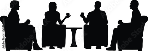 Group of four people in silhouette enjoying a beverage while seated in armchairs at a table social gathering or business meeting concept