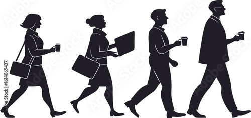Silhouette illustration of four business professionals walking with coffee cups and various items like laptop bags, ideal for workplace or daily routine concepts.