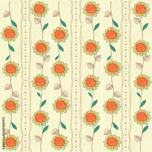 Cute Doodle Style Sunflower Seamless  Floral Line Pattern