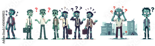 Zombie office workers in various poses, some on the phone, expressing confusion.