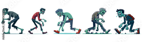Five cartoon zombies in various stages of decay and movement, depicted in a horizontal sequence.