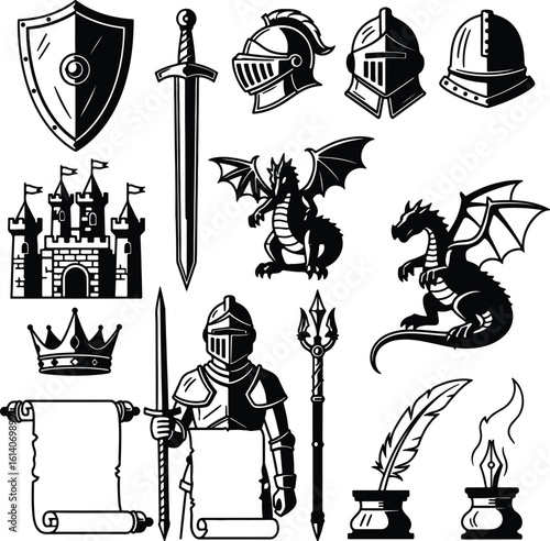 Silhouette medieval heraldic elements set vector illustrator