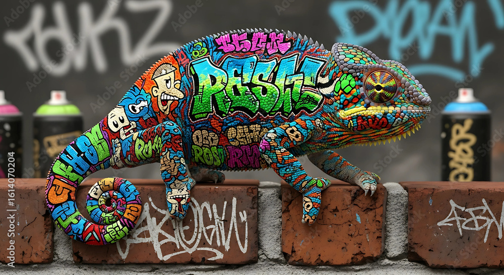 Fototapeta premium Kameleon pokryty jest żywą sztuką graffiti, łączącą świat przyrody z miejską kulturą uliczną