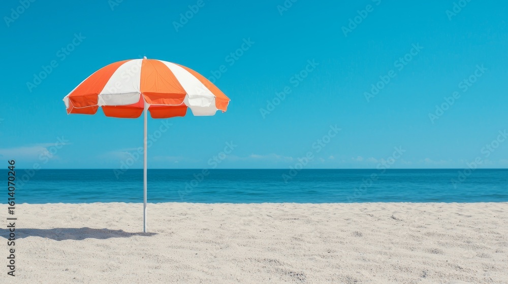 Colorful Umbrella on Serene Beach with Clear Blue Sky Colorful Umbrella on Serene Beach with Clear Blue Sky