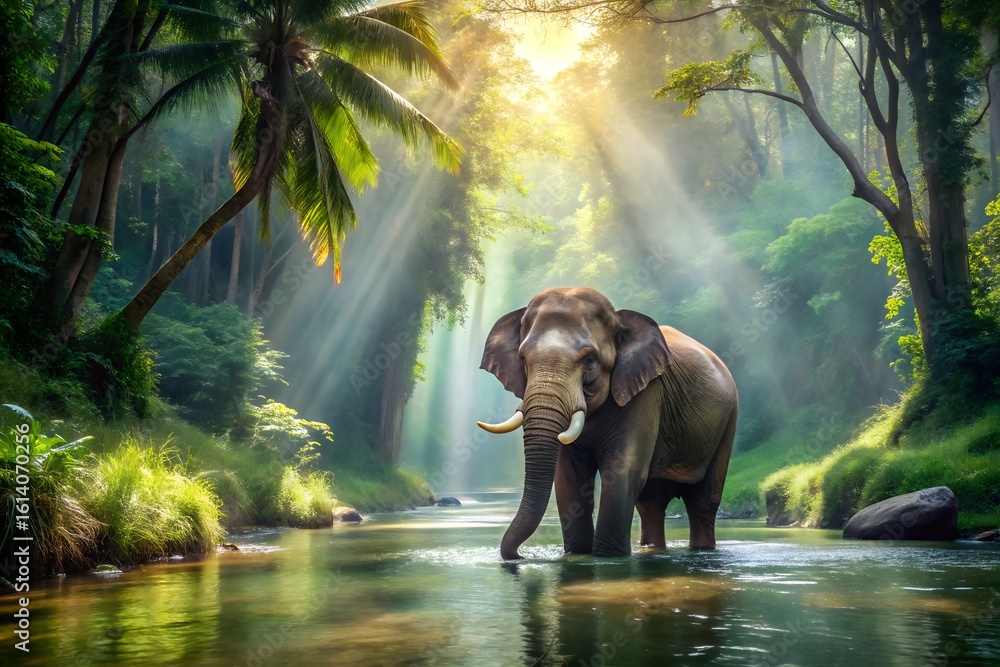 Fototapeta premium Photo of an elephant stands in a shallow river surrounded by lush green vegetation and bright sunlight