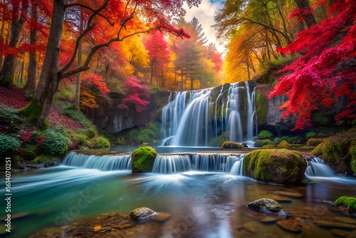 Photo of a vibrant waterfall flows through an autumn forest with colorful foliage and mossy rocks