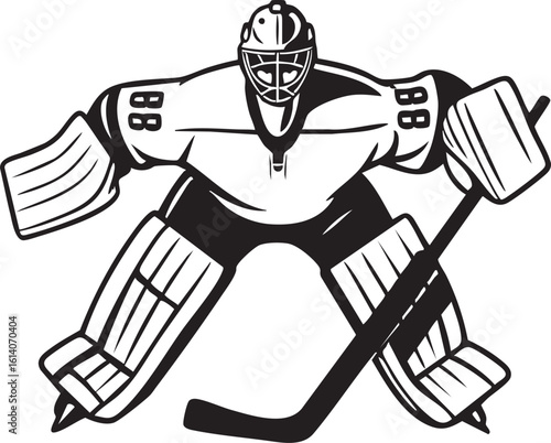 Hockey goalie in full gear, including mask, pads, and stick, in a defensive stance, black and white vector illustration.